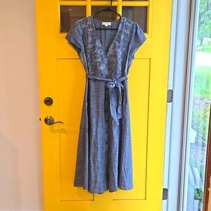 Lovestitch Denim Blue Midi Dress with Floral Detail